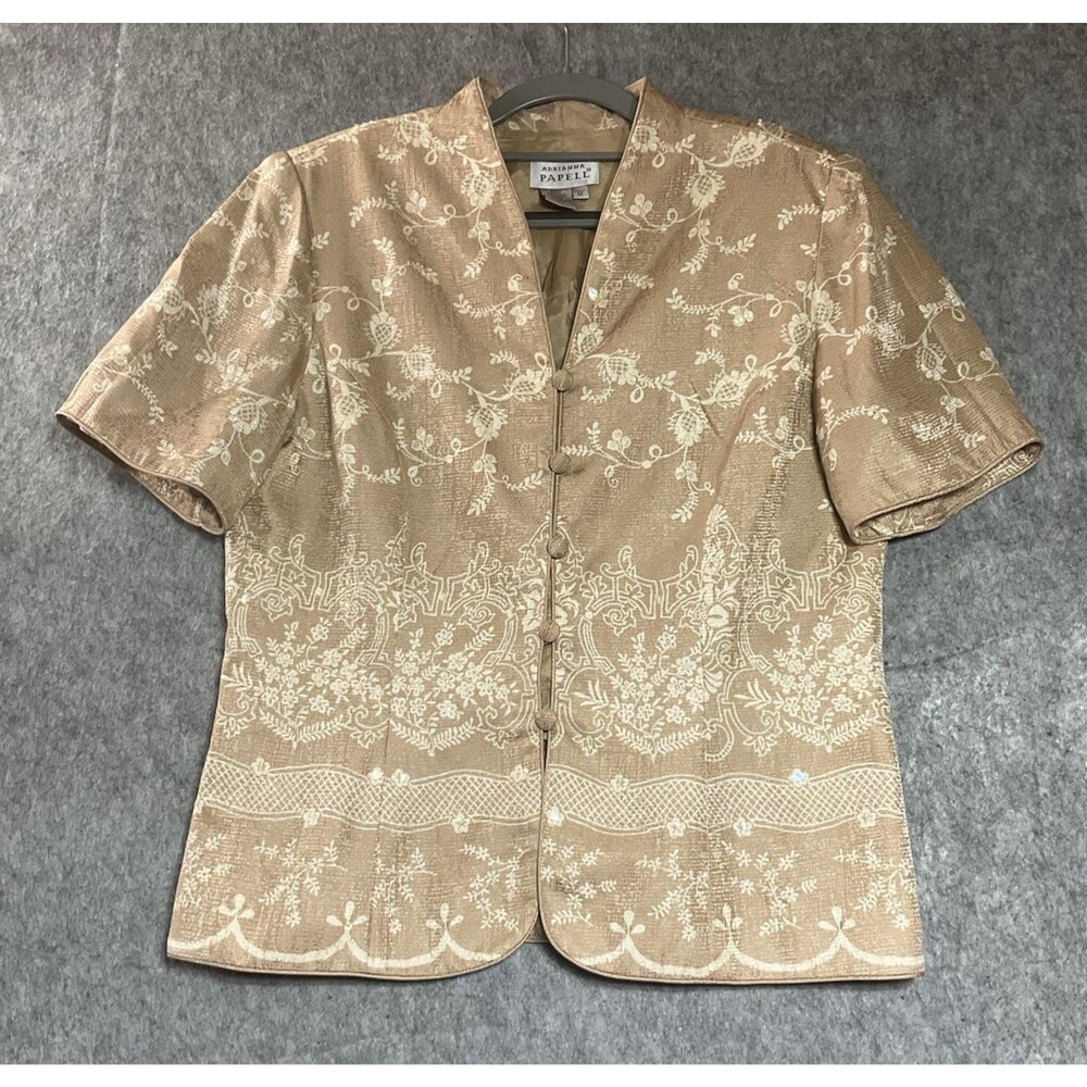 Adrianna Papell Blouse Womens 12 Tan Floral Silk Beaded Top Asian Oriental Boho